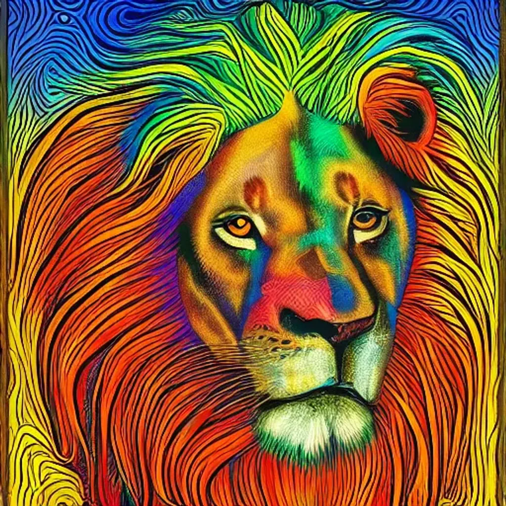 Lion in the savannah, psychedelic style, neon colors...