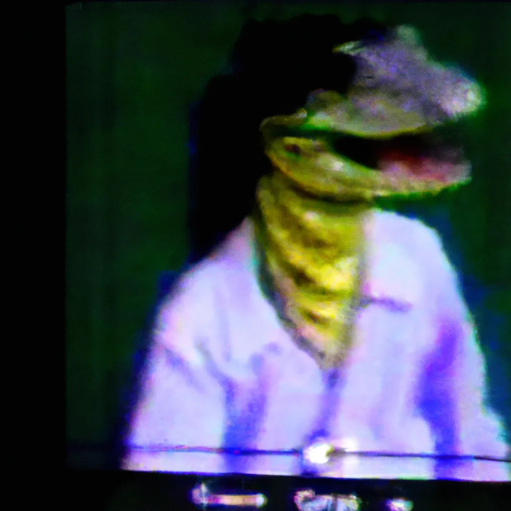 Prompt: A heavily distorted 1993 VHS footage of a guy with a lizard head wearing butcher clothes 