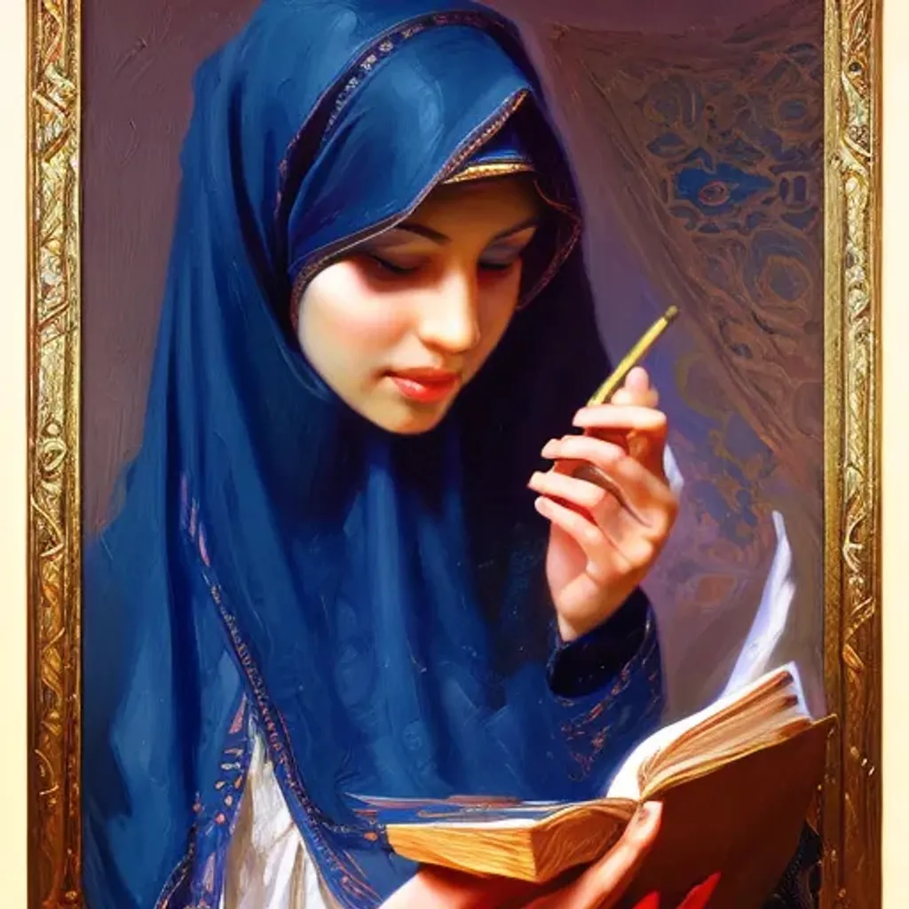 Prompt: A portrait of niqabi arabic gorgeous girl reading quran , ultrawide angle, uhybrid oil painting, unreal engine, rpg portrait, extremely detailed, artgerm, greg rutkowski, alphonse mucha, vladimir volegov, adolphe bouguereaum