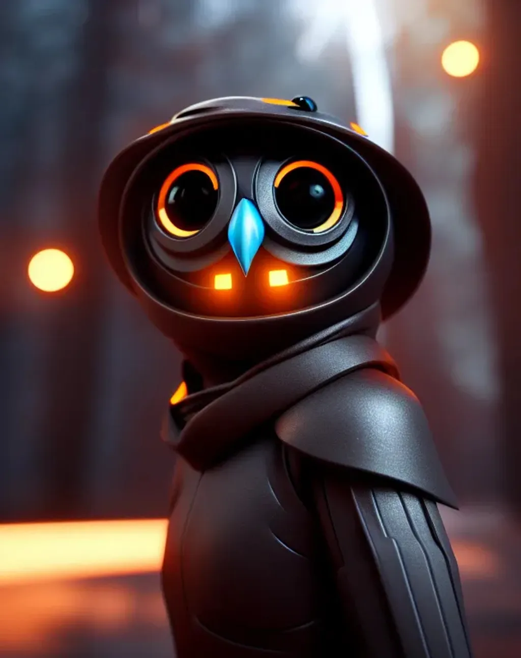 Prompt: a cute cyborg owl a fearless ninja , hyperrealistic, blender 3d, 4K