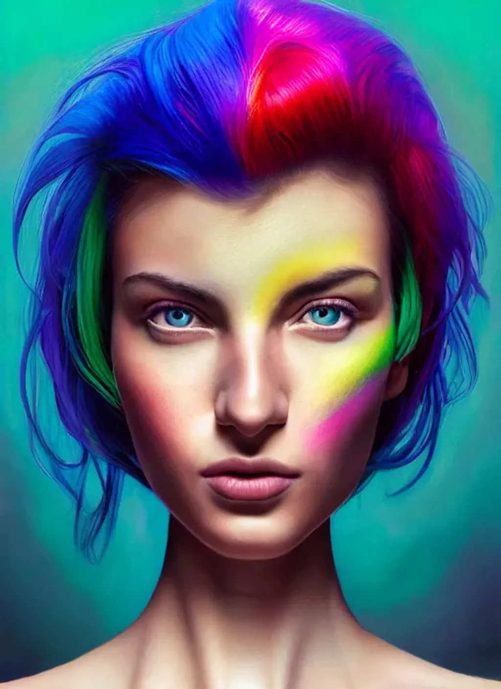 Prompt: professional portrait, beautiful woman with rainbow hair, golden ratio, perfect eyes, centered, dark gradient background, perfect composition, hyperrealistic, photorealism, super detailed, 32k, high quality, trending on artstation, sharp focus, studio lighting, intricate details, hyperdetailed photography by greg rutkowski, dino tomic