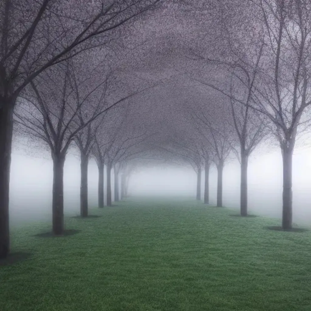 Prompt: low poly cherry trees in creepy park with river and fog at night