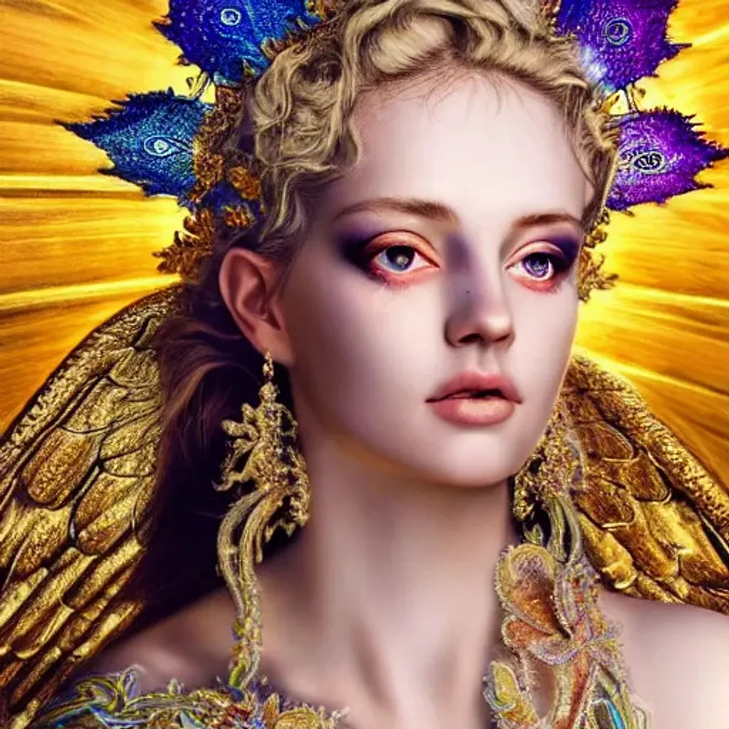 Prompt: beautiful heavenly Angelic Goddess, highly detailed, hyper realistic, with luminescent mandelbrot makeup, detailed beautiful eyes, polarizing filter, natural lighting, vivid colors, everything in sharp focus, HDR, UHD, 64K, trending on artstation, glamour shot, intricate details, highly detailed, face portrait, highly detailed, realistic, cinematic, hyper-realistic, masterpiece, photorealistic,  intricate artwork masterpiece, ominous, matte painting movie poster, golden ratio, intricate, epic, trending on artstation, Gerhard Richter, Anna Dittmann,  Artgerm