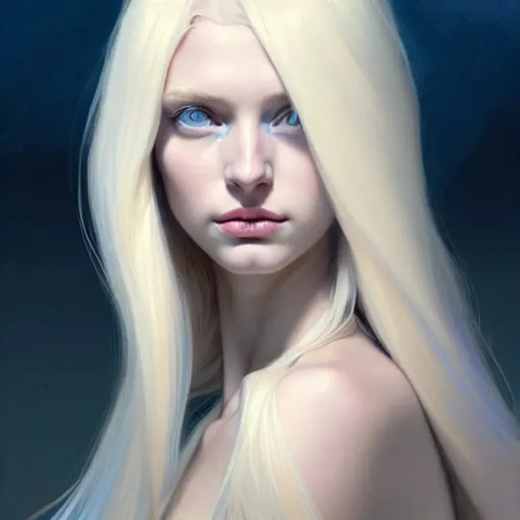 Prompt: a young woman with long, flowing blonde hair and piercing blue eyes. She has a delicate and ethereal beauty, with high cheekbones and a slender nose, accurate anatomy,, highly detailed, digital painting, artstation, concept art, smooth, sharp focus, illustration, Unreal Engine 5, 8K, art by Ross Tran and greg rutkowski and alphonse Mucha