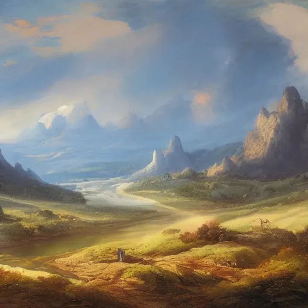 Prompt: landscape of a great plain with mountains in the background a forest to the left and a river to the right, vivid colours, castle, final fantasy