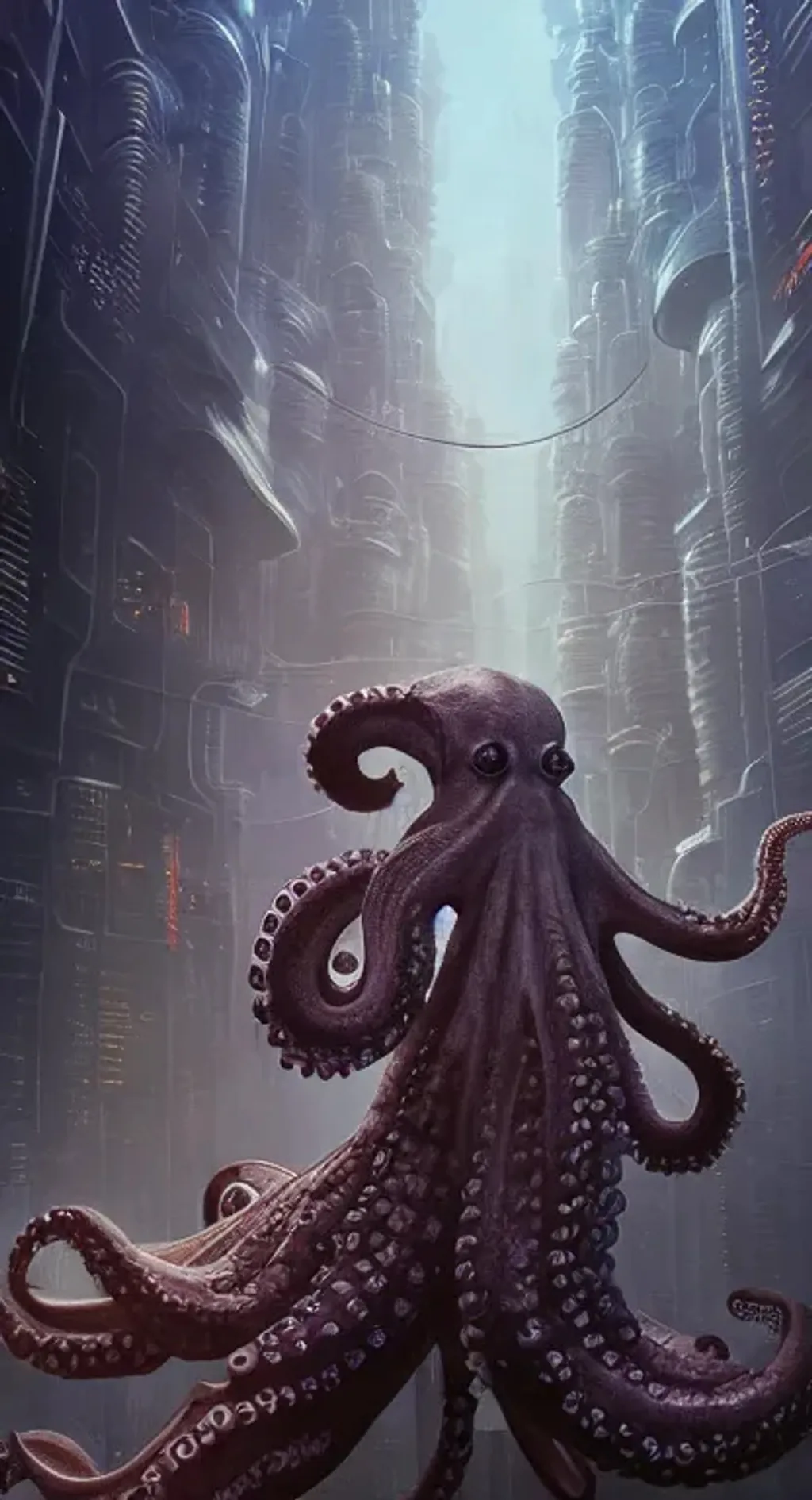 Prompt: Portrait of an immaculate octopus, utopian futuristic city-scape, perfect composition, hyperrealistic, super detailed, 8k, high quality, trending art, trending on artstation, sharp focus, studio photo, intricate details, highly detailed, by greg rutkowski