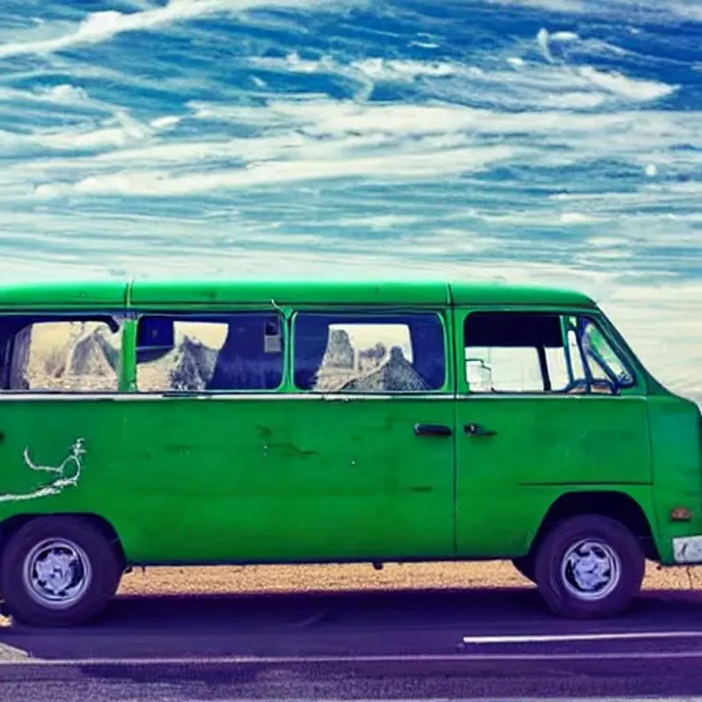 Prompt: an green old van on a road trip on an american highway with dry dessert land background, high detail wide shot