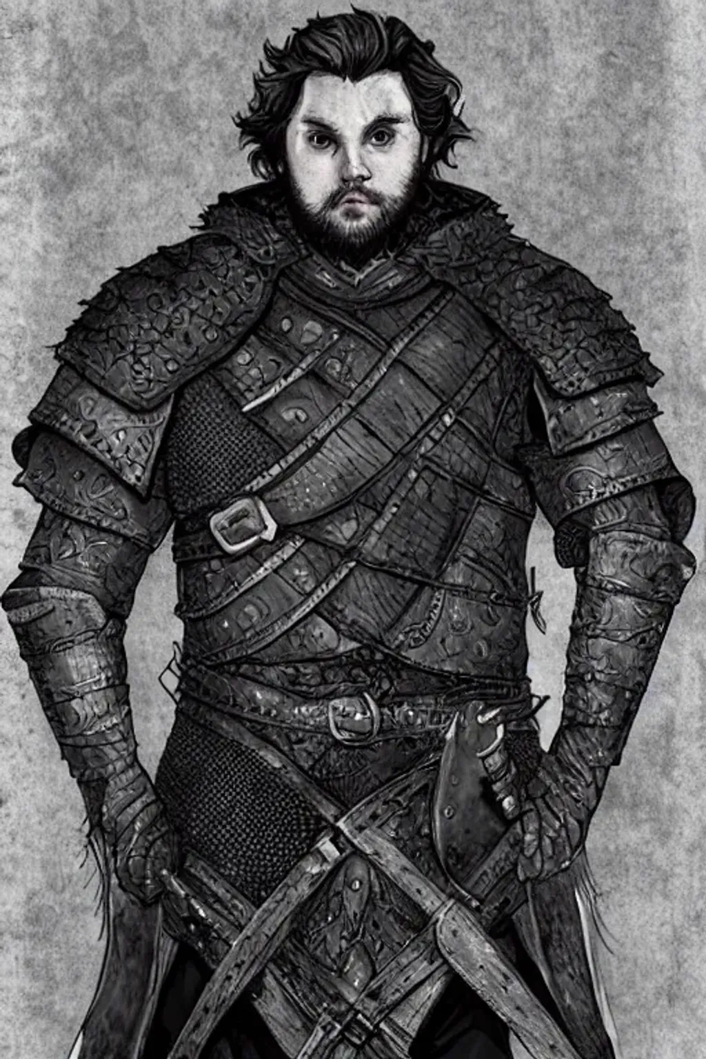 Prompt: Samwell Tarly, detailed wispy beard, wearing leather armour, ruins, symmetrical, highly detailed, digital art, sharp focus, trending on art station, kentaro miura anime art style