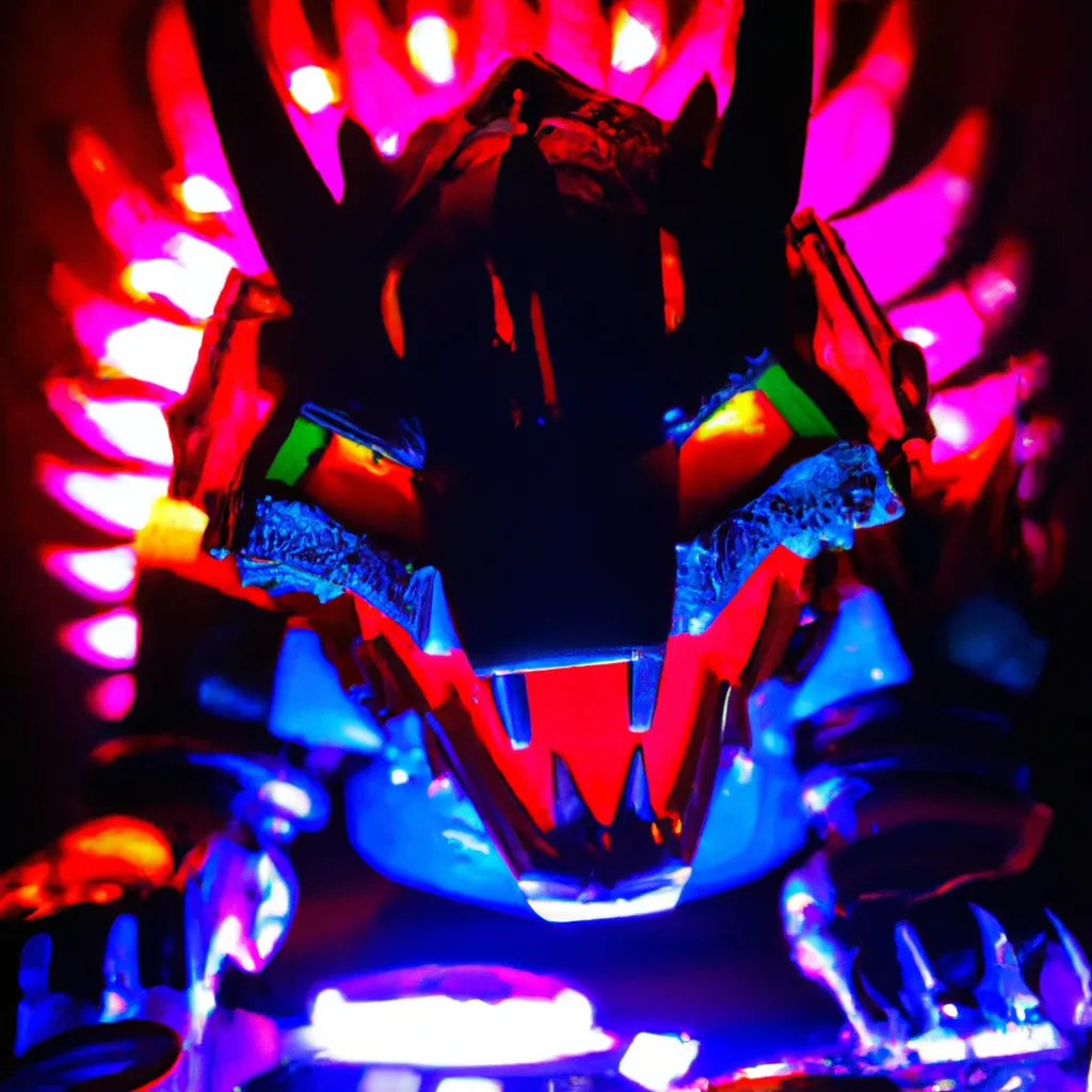Prompt: A robot with dragon features, electric colours, evil look, strobe light background