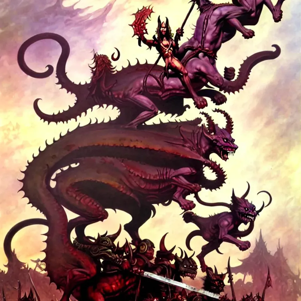 Prompt: Demon elves of Slaanesh ride giant demon cats to war, banners, fantasy art by Frank Frazetta, by Marc Simonetti, highly detailed, oil on canvas