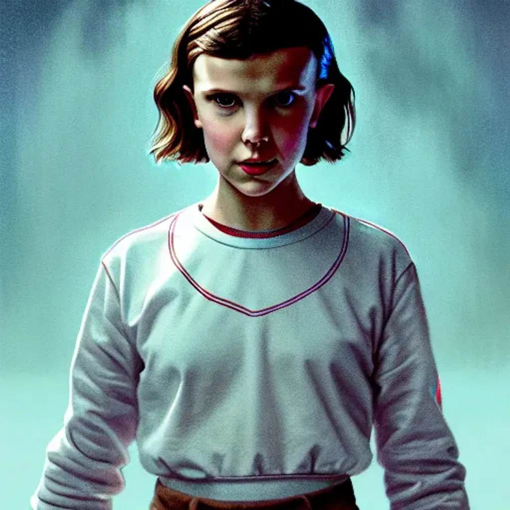 Prompt: Millie Bobby Brown from Stranger Things facing the camera with her hand outstretched with different things floating all around her, fullbody, intricate, highly detailed, artstation, concept art, smooth, sharp focus, illustration, art by greg rutkowski and orientalism and bouguereau and Zdzislaw Beksinski, good clear quality, lighting, biology, symmetrical artwork, perfect face, 135 mm, cinematic, hyper realism, high detail, octane render, 8k, chrome accents