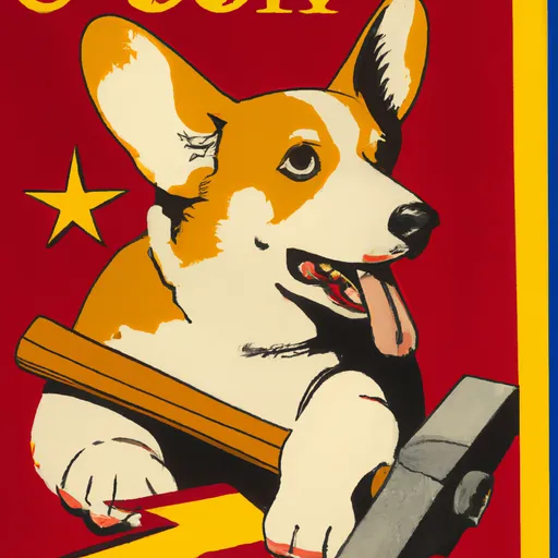 Prompt: Soviet propaganda poster featuring a corgi holding a hammer