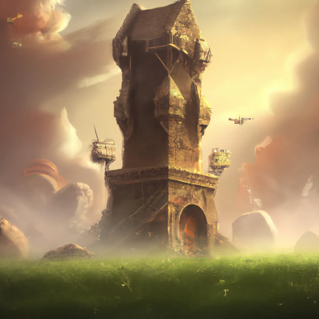 Prompt: a painting of a tower in the middle of a field, a detailed matte painting by Kaja Foglio, deviantart contest winner, fantasy art, fantasy, matte painting, storybook illustration
