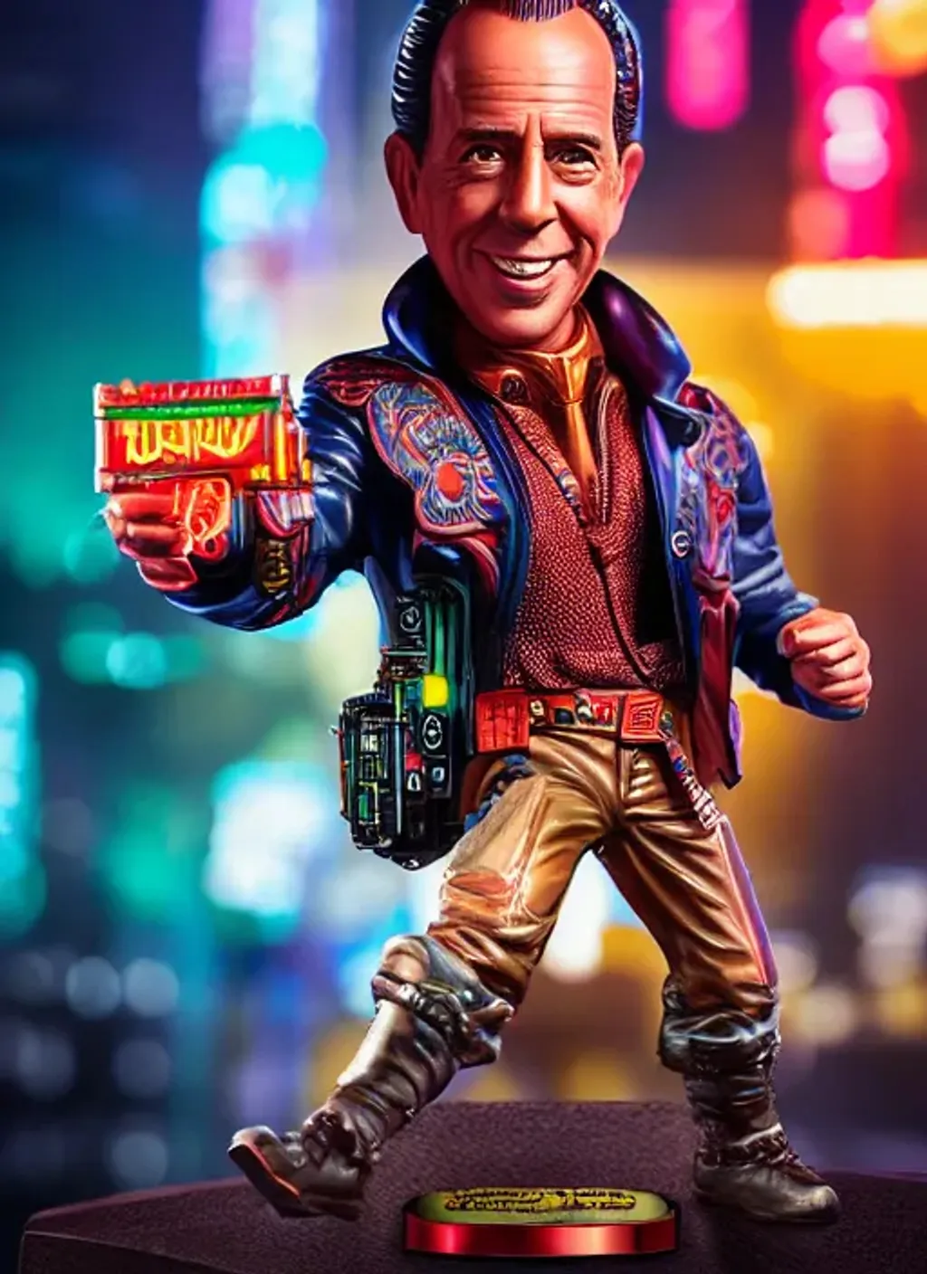 Prompt: Humphry Bogart as a bobblehead with a big smile, comic style , cyberpunk background, intricate, vivid color, highly detailed,  cinematic, digital art, sharp focus, trending on art station, 