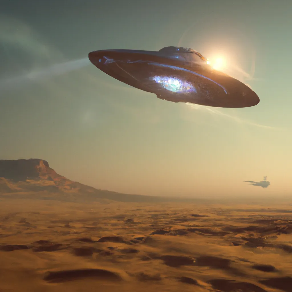 Prompt: ufo flying across the desert, digital art