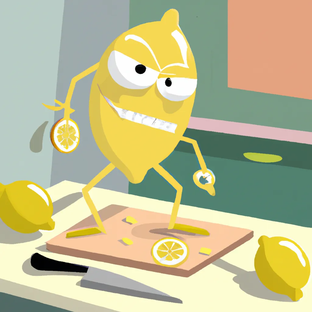 Prompt: A lemon character with a crazed look is standing in the kitchen cutting up small lemons to make lemonade juice