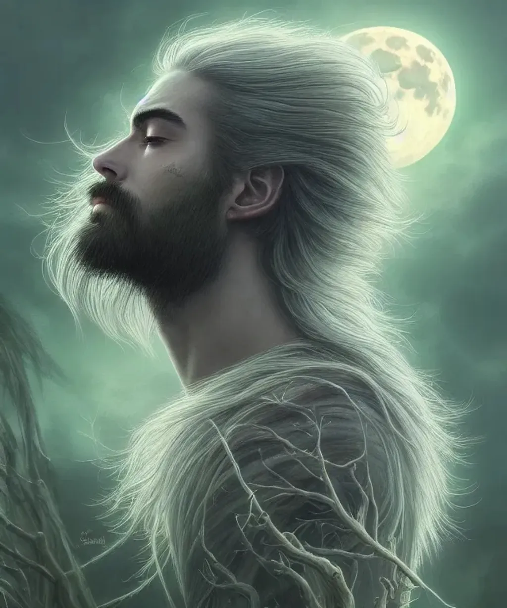 Prompt: An ethereal highly detailed painting of a very handsome man, perfect complexion, gorgeous face,
whispy hair, award-winning,  Cinematic fantasy atmosphere, weeping willow, full moon, cgi, artgerm