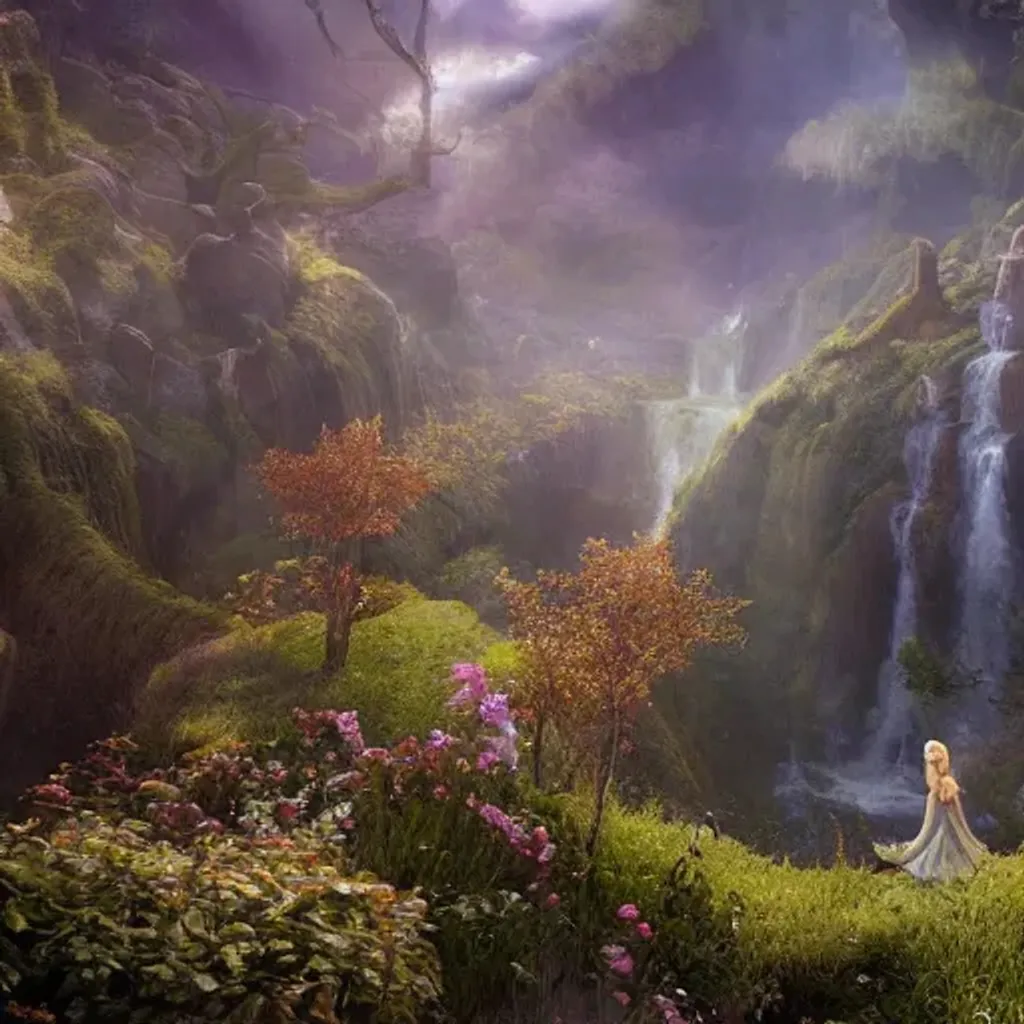 Prompt: an elven princess with wings of lace in the lord of the rings scenery landscape, looking out at a vast lush valley of fairy homes, flowers, sunrise, god's rays highly detailed, vivid color, cinematic lighting, perfect composition, 8 k, gustave dore, derek zabrocki, greg rutkowski, belsinski, octane render