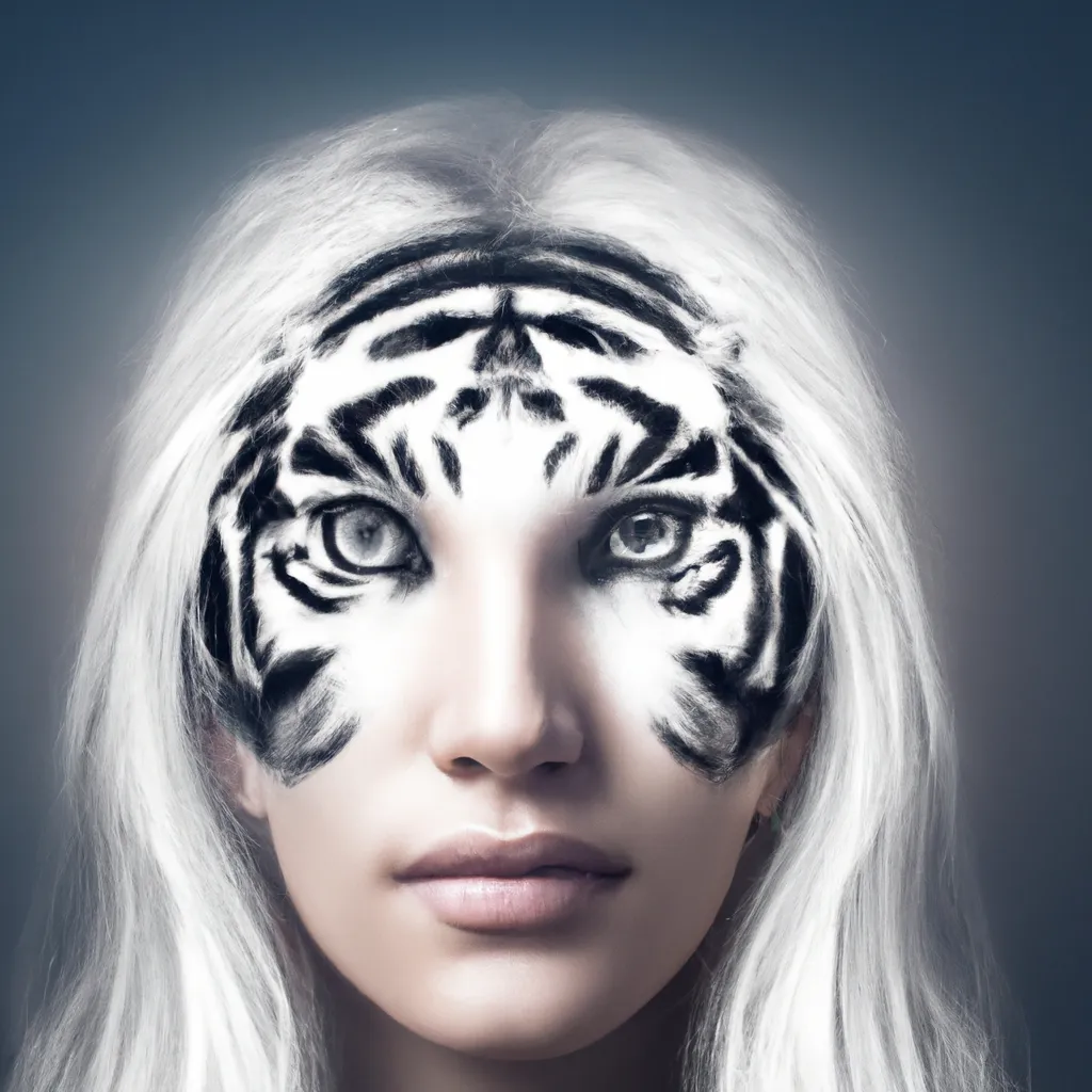 Prompt: A photo of a cute young woman's head combined with a 3D render of a hybrid white tiger head. Epic film poster style.