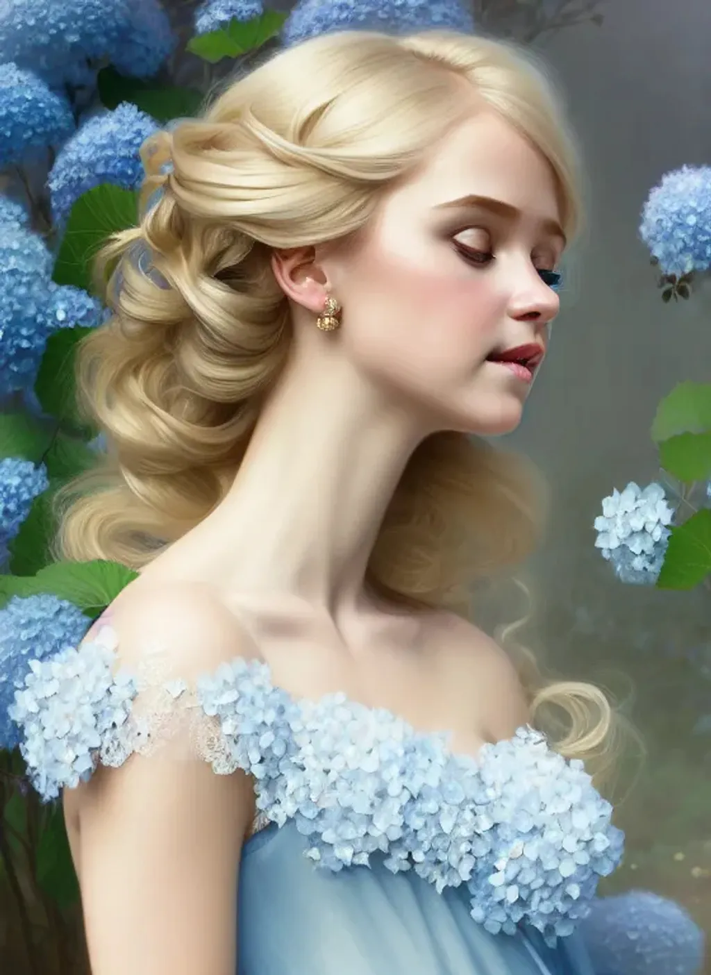 Prompt: portrait of a beautiful Scandinavian girl, cute little nose, whispy blonde curls, sparkling blue eyes, coy, flirty,  satin dress with fine lace, hydrangeas, highly detailed, realistic, digital painting, artstation, smooth, sharp focus, artgerm, greg rutkowski, alphonse mucha, cgi