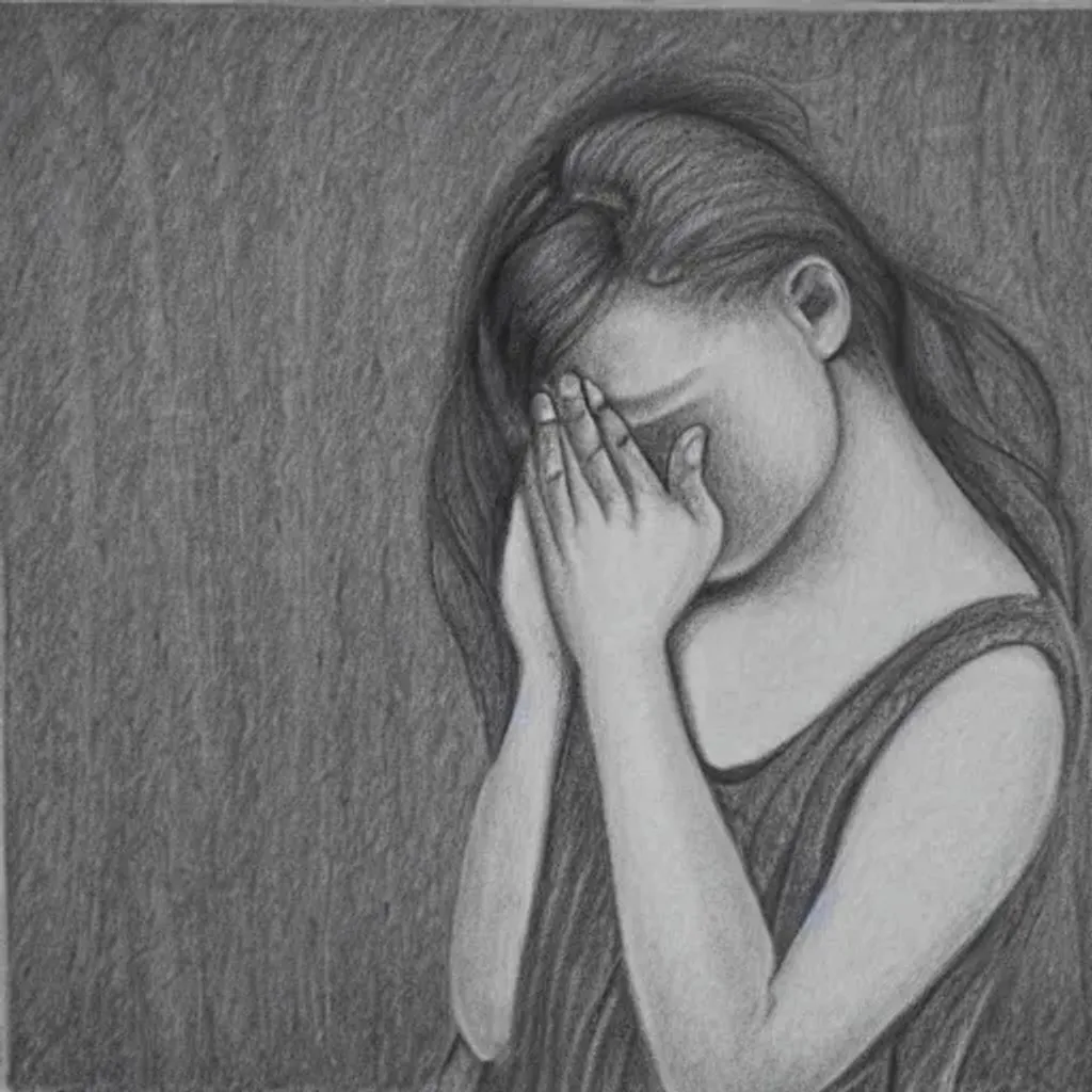 Prompt: pencil drawing of an abandoned girl sitting with her hands hugging her knees and her head down crying in a room with cracked painting