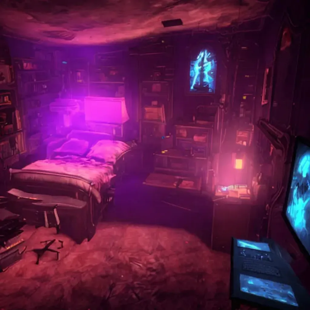 Prompt: bioshock's rapture in neons in a fort frolic, bedroom apartment with a bed and a desktop workspace with 3 monitors