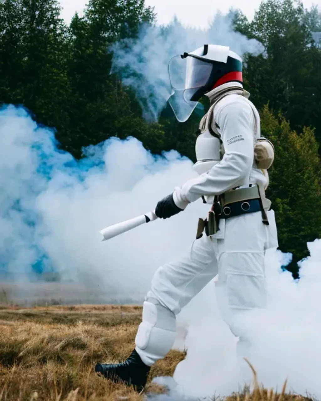 Prompt: “a futuristic combat medic wearing white battle armour emerging from smoke on a battlefield, colour photograph 35mm”