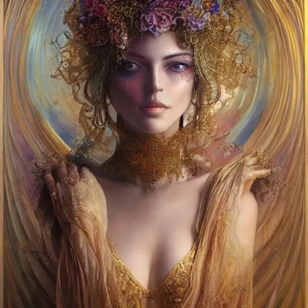 Prompt: portrait of a beautiful blind folded goddess, standing character, unusual beauty, esoteric, outher worldly colours, fantasy art, ornamental, intricate, elegant, highly detailed hyperrealistic painting, artstation, concept art, painterly, golden ratio, sharp focus, illustration, art by karol bak, josephine wall