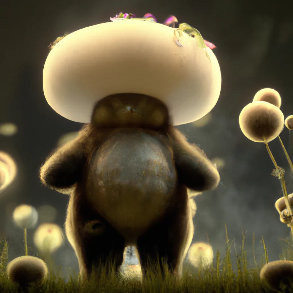 Prompt: Curvaceous Light bending cute furry monster  covered in halogenic Nuclear flowers in the style of Bruce Pennington, Dali, Munch, Escher, Klarwein, Yamamoto, Hattori, Leyendecker, Mullins, Magritte | mushroom | centered |muted desaturated tones | dark background | ultra sharp focus | 3d octane render artstation trending 8k unreal engine | Avatar movie| Disney Pixar Dreamworks 