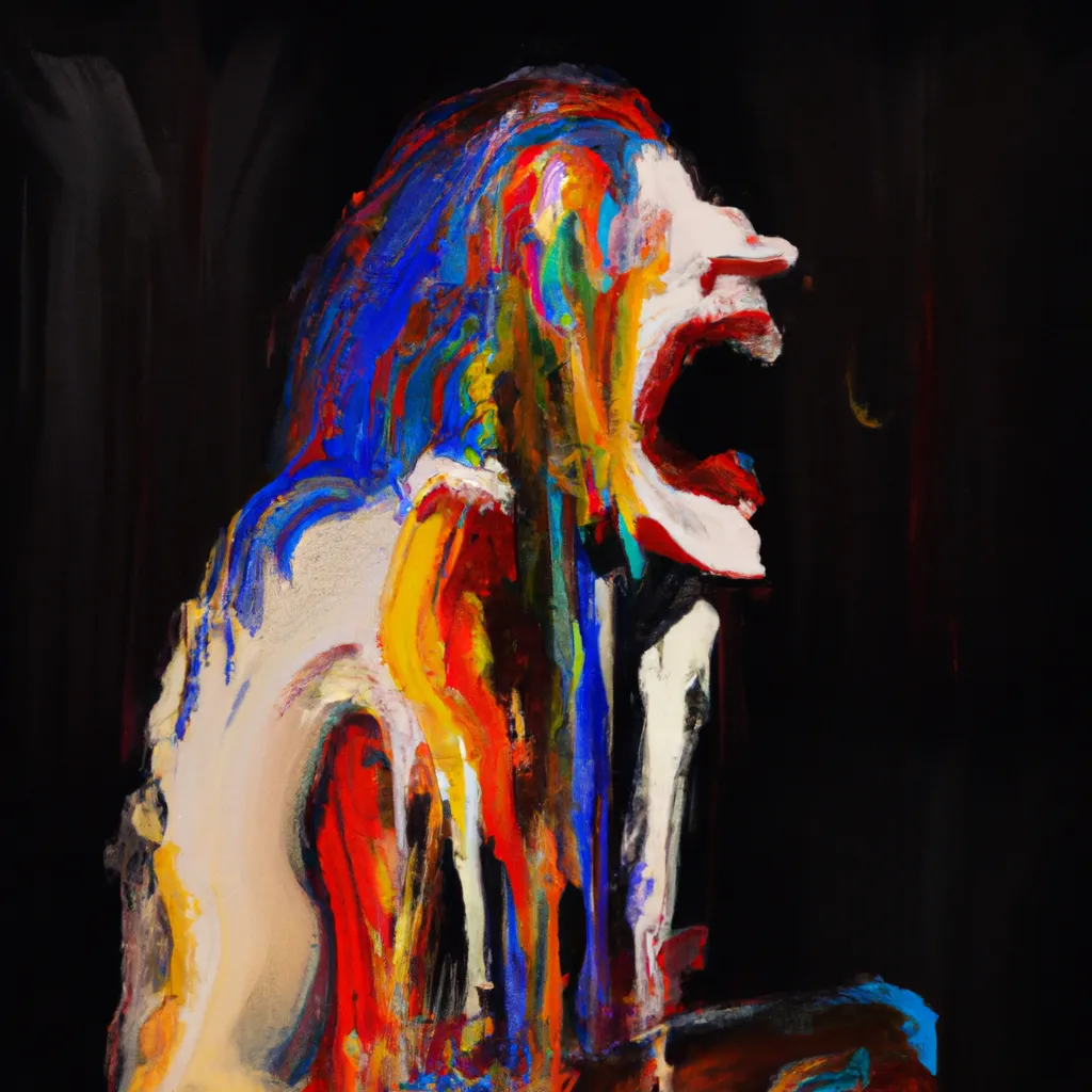 Prompt: oil painting, distorted face,distorted female body, horror, dark background, crying, vomiting rainbow,pain, agony