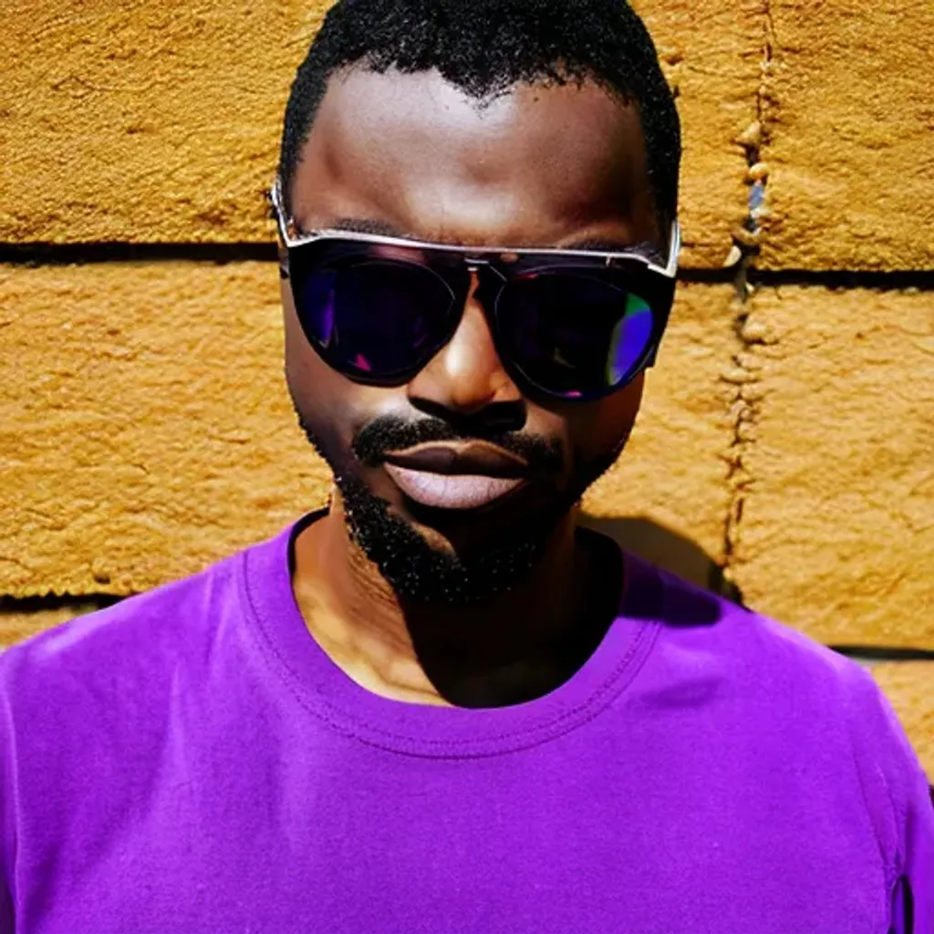 Prompt: 1Man, African, Sunglasses, purple_shirt. Leering Eyes, Simple & Bold, black_shorts. Cartoon, Present tense, Passive Studios, Stand Off. Regressed Motion, Thick Lines. 