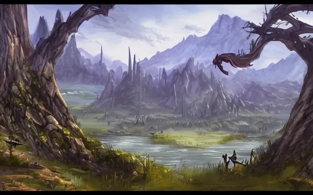 Prompt: landscape, video games, elder scrolls, morrowind, blades, swords, fantasy, dragons, mountains, fields, trees, retro, tall trees, river, water, color blue, color green, ariel view, blue sky, bright blue, bright green, battle, warriors, mages, wizards, witches, orcs, trolls, fantasy city in the distance, day time, bright, 80s dark fantasy film, 80s dark medieval film, 80s fantasy film, 80s medieval film, fantasy village, fantasy castle, fantasy stronghold, fantasy city, fantasy video game, townsfolk, dragons, tamriel, fantasy buildings, defined fantasy city, elder scrolls city, vvardenfell, volcano, red mountain, balmora, sedya neen, caldera, netch, bull netch, vivec