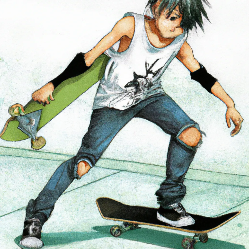 Dark blue hair anime boy skateboarding