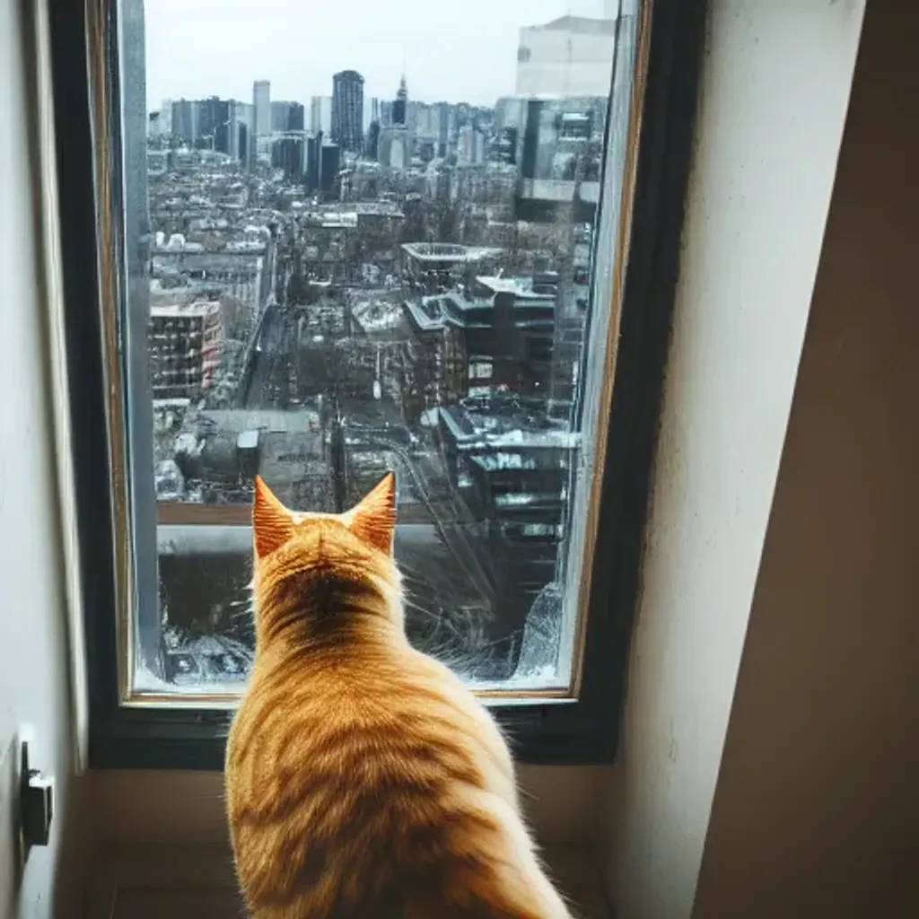 Prompt: picture of a cat looking out the window onto a busy city