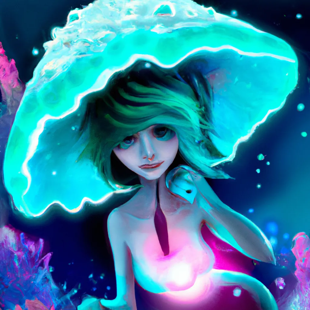 Prompt: Detailed illustration, mermaid with light blue skin, fin ears, glowing mushroom hat, key visual, character design, character concept, bright lighting, deep sea, coral reef, fish, High detail,high quality, 8k, fantasy atmosphere, magic, character concept art from a popular video game, animation, pixar, disney, anime, animated