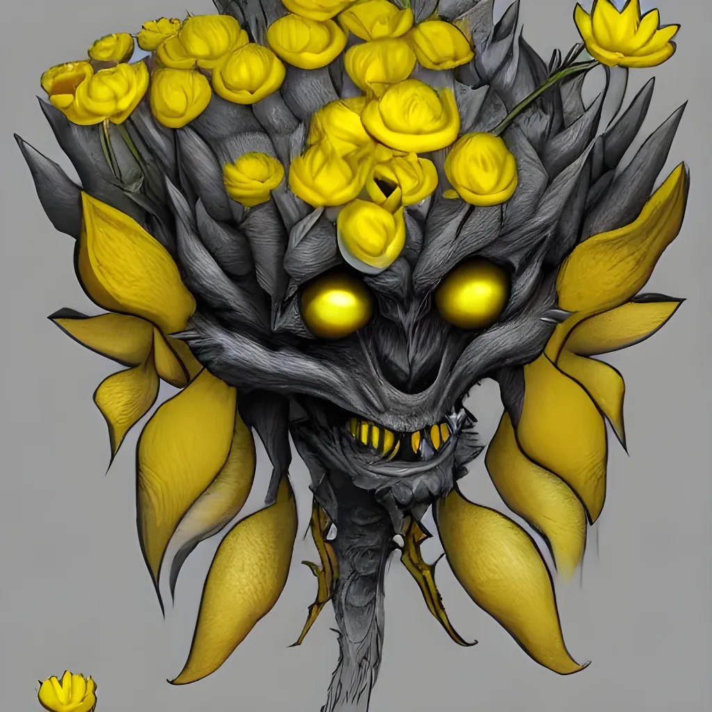 Prompt: detailed small yellow flower demon on a uniform dark background, artstation