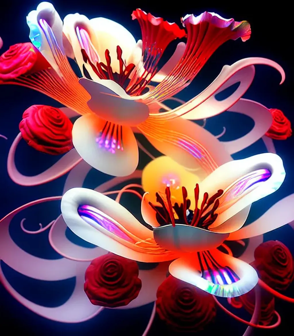 Prompt: Large blooming ((iridescent ((((lilies, white roses, poppies)))) by Fragonard, Sho Murase, Chen Su ))) indigo berry cream peach silver petals, glowing red translucent ((seed pods) by ((Noah Bradley, John Berkey)), (background theme) Twisted ancient fractal virus, glowing translucent ribbons, made of thin biological membrane, 3d textures, DNA,  infinite depth, galactic starfield, ultra realistic, high index of refraction, (bioluminescent sea angels) ((sparking fibre optic cables))((Chen Shu, J.R. Slattum, Howard David Johnson)) hyper realistic elegant smooth sharp clear edges, global illumination, smokey sky, fBm clouds, sunlight and shadows, sharp focus, wide angle perspective, cinematic, ultra realistic, sense of high spirits, electrical tension, sparks, global illumination, volumetric fog, volumetric lighting, occlusion, Houdini 128K UHD fractal, pi, fBm