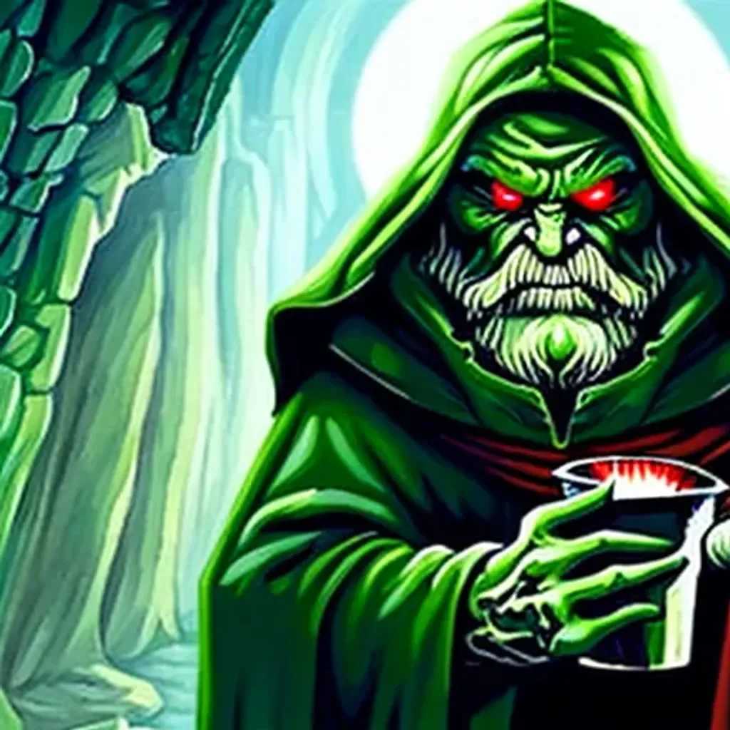 Prompt: An orc with very dark-green wrinkled skin wearing a red-hooded cloak holding a smoking beaker. He has a very short beard, and is in a dark cave.