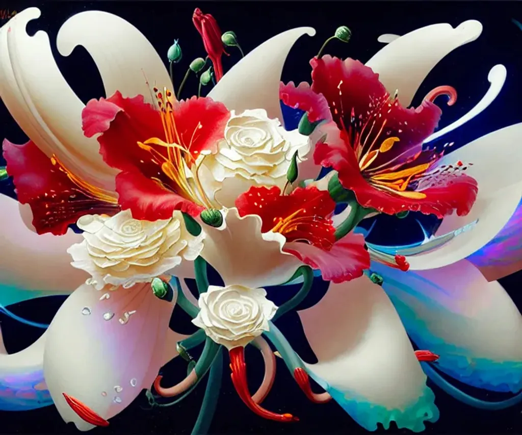 Prompt: Large blooming ((iridescent ((((lilies, white roses, poppies)))) by Fragonard, Sho Murase, Chen Su ))) indigo berry cream peach silver petals, Aura of Euler, glowing red translucent ((seed pods) by ((Noah Bradley, John Berkey)), (background theme) Twisted fractal conch, glowing translucent ribbons, made of thin biological membrane, 3d textures, Fibonacci spirals, infinite depth, incredibly detailed, ultra realistic, high index of refraction, (bioluminescent sea angels) ((sparking fibre optic cables))((by Chen Shu, J.R. Slattum, Ernst Haeckel)) hyper realistic elegant smooth sharp clear edges, global illumination, smokey sky, fBm clouds, sunlight and shadows, sharp focus, wide angle perspective, cinematic, ultra realistic, sense of high spirits, electrical tension, sparks, global illumination, volumetric fog, volumetric lighting, occlusion, Unreal Engine 5 128K UHD Octane, fractal, pi, fBm