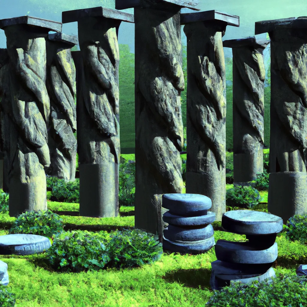 Prompt: A sculpture garden in the style of stonehenge, photorealism