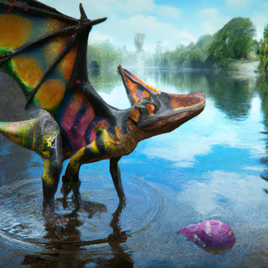 Prompt: The giant dinosaur bat amphibian, with colorful leather patterns, living in an oasis lake, lizard-like wide bony jaw, trypophobic, toxic animal, chimera from the pre-historic era, in habitat. speculative evolution. Highly realistic accurate anatomical CGI representation,  dinosaur features, has small ears, paleoart,  amazing poisonous colors and patterns on its leather skin, hyperrealistic,  