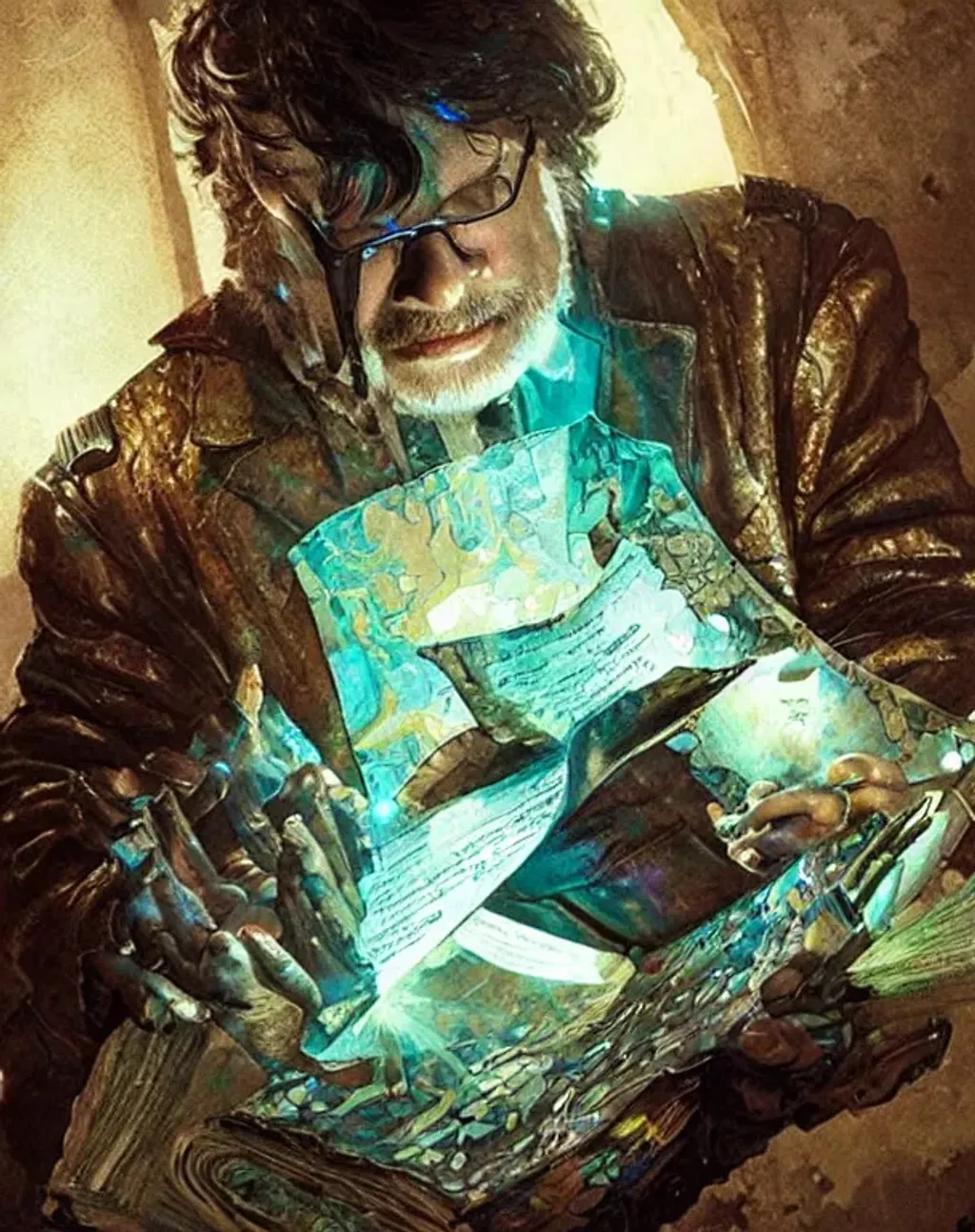 Prompt: Cute Guillermo del Toro reading a iridescent book, intricate leather jacket, a crumbling iridescent ancient city, art style Greg Rutkowski,