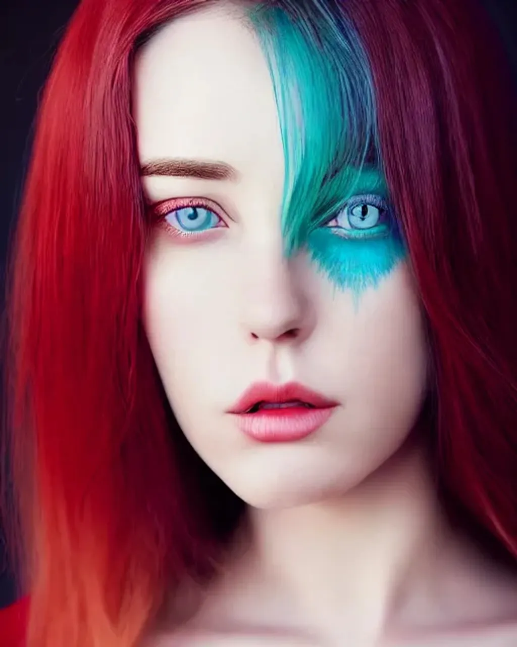 Prompt: portrait, beautiful woman with red-colored eyes, teal hair, clothed, facial symmetry, perfect eyes, centered, gradient background, perfect composition, hyperrealistic, photorealism, super detailed, 32k, high quality, trending on artstation, sharp focus, studio lighting, intricate details, hyperdetailed photography by greg rutkowski, dino tomic, jean-baptiste monge