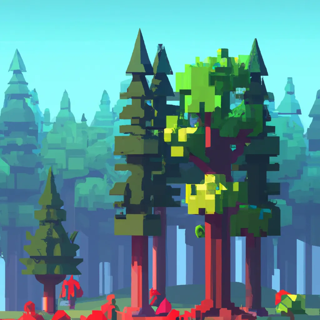 Prompt: low-poly forest landscape, pixel art illustration, bright colors by Matej Jan