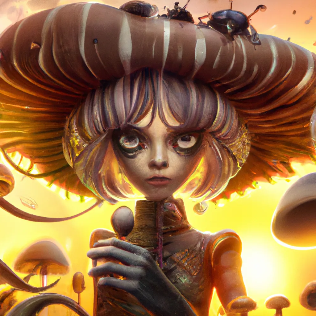 Prompt: Detailed intricate hyper realistic ultra realistic sharp clear digital airbrush by Anna Dittmann, Tom Bagshaw, Gil Elvgren. Portrait of a funky fairy spider mushroom monster house with horns in the style of Coraline. Impressive surrealism art nouveau steampunk gothic sci-fi fantasy synthwave. Commercial photography from children's book. Trending. Masterpiece. Dramatic backlighting. Sunset.