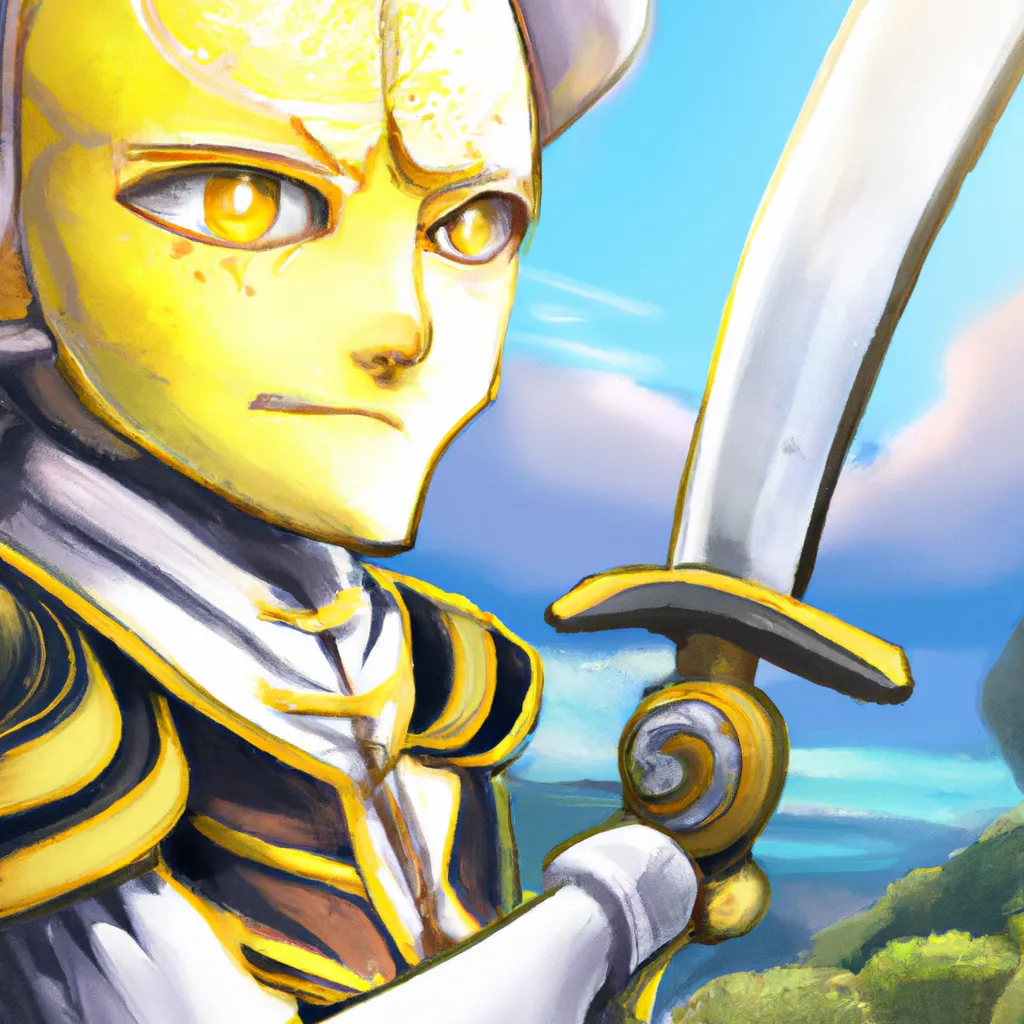 Prompt: an ultra detailed digital art of a yellow lemon character adventurer holding a sword and looking at the scenery + accurate facial features