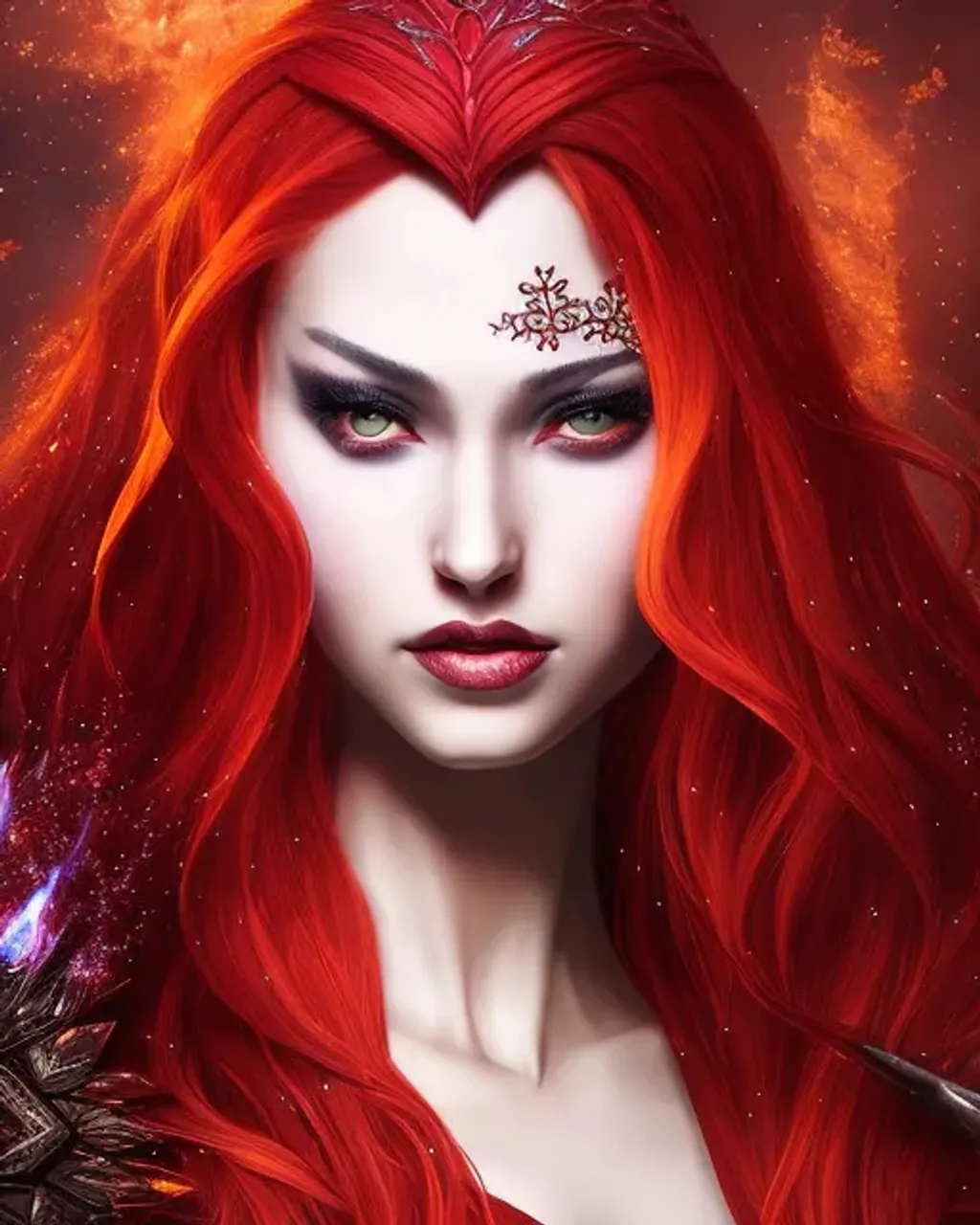 sorceress with detailed hair of fire | wearing snow... | OpenArt