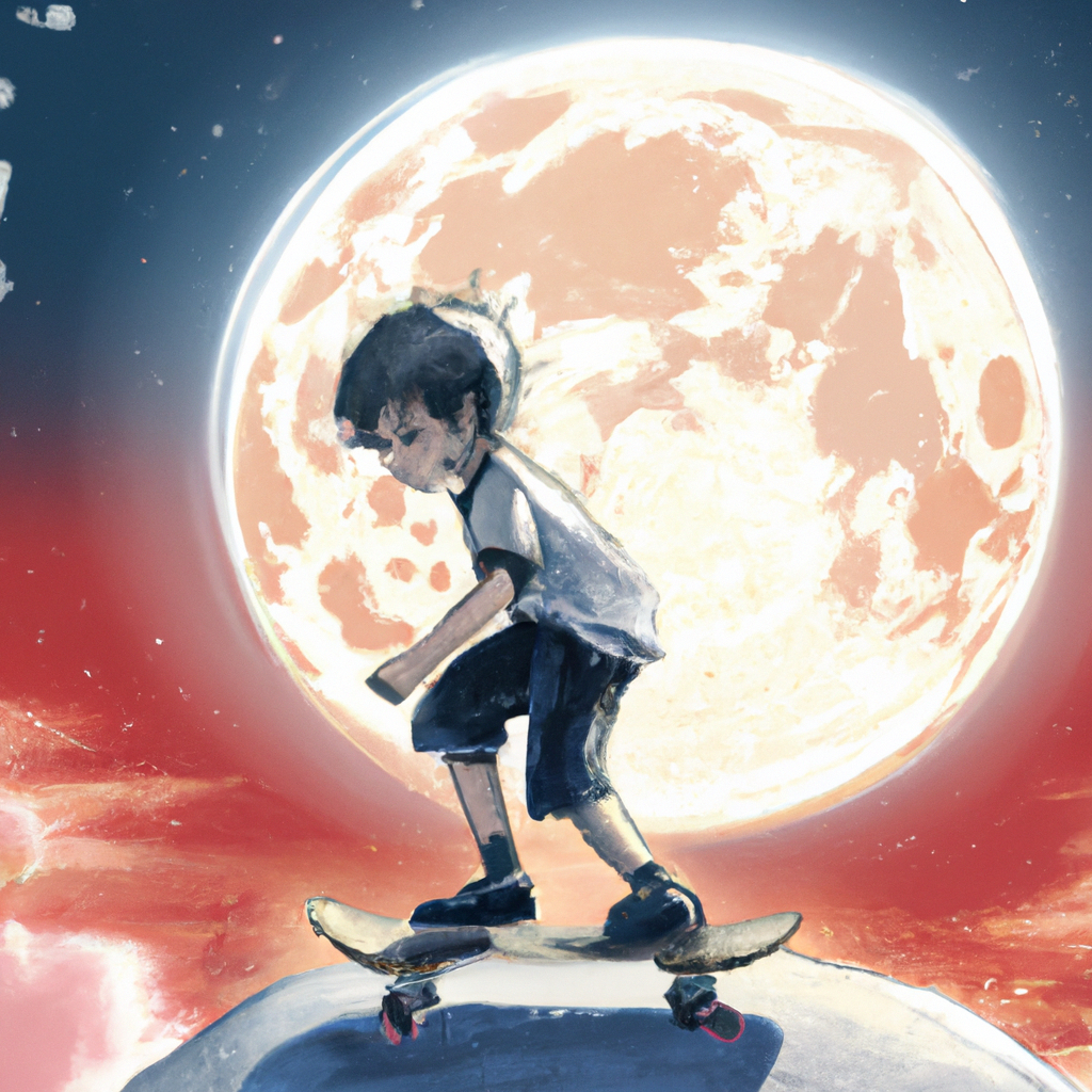 anime key visual of a little boy riding a skateboard