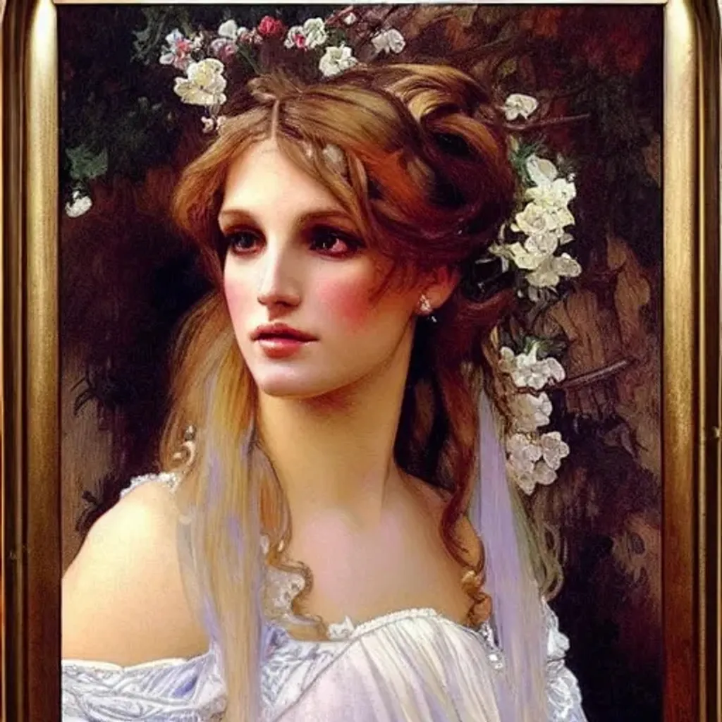 Prompt: an art nouveau style head and shoulders portrait oil painting of a pretty young britney spears wearing a white victorian bridal gown, intricate, detailed, smooth, complex, elaborate, by alphonse mucha and james gurney and john william waterhouse and bouguereau