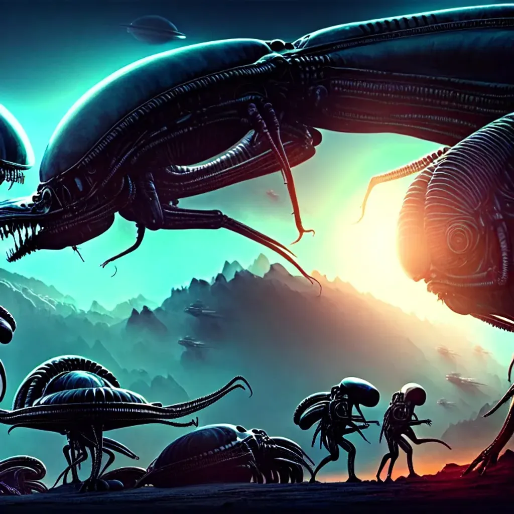 Prompt: Alien war, aliens attack humans, hyper detailed, cinema 4d, digital painting, rococo, hyperrealism, trending on artstation, dan mumford, cosmic, galactic, beautiful landscape, hd wallpaper